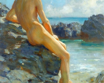 Henry Scott Tuke Art Print: Coastal Male Form, Cornwall Seascape
