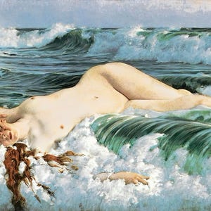 May include: A painting of a woman with long red hair lying on her back in the ocean. She is surrounded by foamy waves and the water is a deep blue.