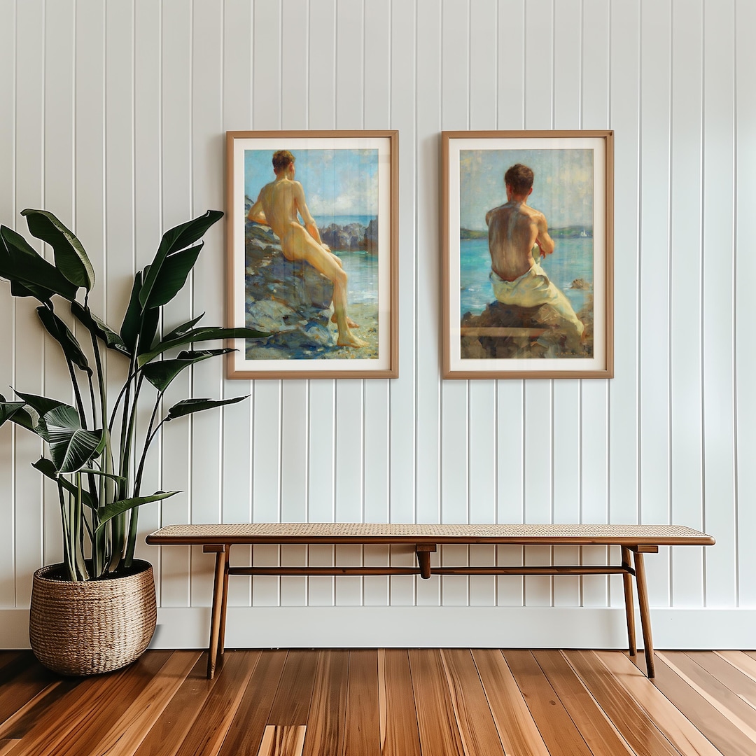 The Lighthouse The Bather Vintage Male Nude Beach Art Set Pair the-lighthouse-the-bather-vintage-male-nude-beach-art-set-pair