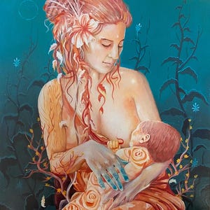 Stampa artistica di mamma e bambino che allattano | Amore materno Maternità Opera d'arte | Decorazioni femminili visionarie | Regalo di maternità | Arte del mondo mistico