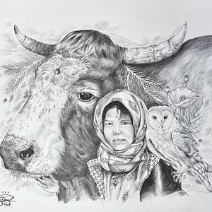 Stampa di una mucca e un gufo – Arte murale in bianco e nero | Disegno a penna | Saggezza della vita rurale | Illustrazione della natura animale | Decorazioni in stile fattoria
