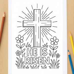 Easter Christian Cross HE IS RISEN Coloring Page Activity Page - Fun & Festive - Printable!