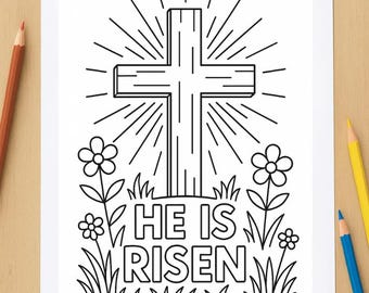 Easter Christian Cross HE IS RISEN Coloring Page Activity Page - Fun & Festive - Printable!