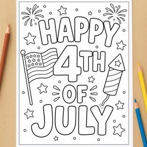 Pode incluir: Uma página de colorir digital em preto e branco com o texto HAPPY 4TH OF JULY em letras de contorno grosso. O design inclui uma bandeira americana tremulando em um mastro, um fogo de artifício aceso e várias formas de estrelas espalhadas.
