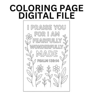 Christian Coloring Page Bible Verse Psalm 139:14 Activity Page - Printable! I Praise You For You are Wonderfully Made