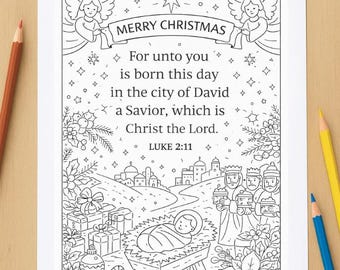 May include: Black and white digital coloring page with the text "COLORING PAGE DIGITAL FILE" at the top. The image features a Christmas scene with angels, stars, and the text "MERRY CHRISTMAS". Includes a nativity scene and the Bible verse Luke 2:11.