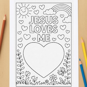 May include: Black and white coloring page with the text "COLORING PAGE DIGITAL FILE" at the top. The image features a sun, rainbow, clouds, hearts, flowers, and the phrase "JESUS LOVES ME".