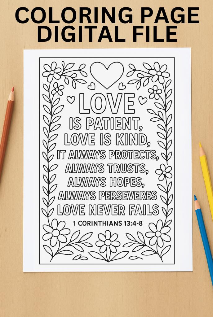Christian Coloring Page Bible Verse 1 Corinthians 13:4-8 Activity Page ...