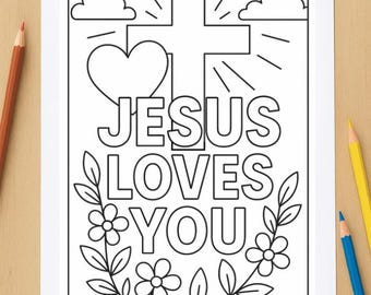Christian Jesus Loves You Cross Coloring Page Activity Page - Fun & Festive - Printable!