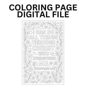 Christian Coloring Page Bible Verse Philippians 4:13 I can do all things through CHRIST Activity Page - Fun & Festive - Printable!