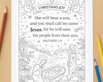 May include: Black and white digital coloring page with the text "COLORING PAGE DIGITAL FILE" at the top. The image depicts a nativity scene with the text "CHRISTMAS JOY" and a Bible verse.