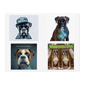 Funny Boxer Dog Vinyl Sticker Sheet with 4 Cute Kiss Cut Designs for Laptops Journals Windows in White Transparent or Holographic