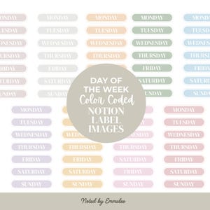 May include: A collection of color-coded Notion label images for each day of the week. Each label features the day's name in white text on a pastel-colored background. The image includes a central circular graphic with the text "Day of the Week Color Coded Notion Label Images."