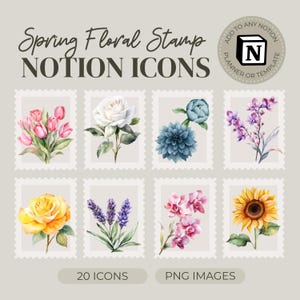 Spring Floral Stamp Notion Icons | Transparent PNG Covers for Notion Planner Customization | Digital Stickers for Notion Template