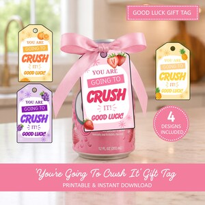 Printbare cadeaulabels met de tekst "Crush Soda Good Luck", traktatielabels voor teams, cadeau voor cheerleading-audities, attentie voor danswedstrijden, cadeau voor sportteams, direct te downloaden.