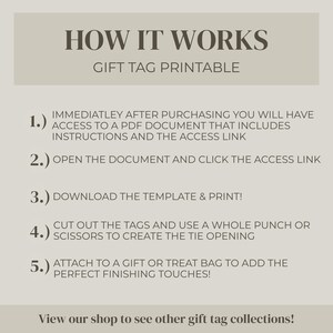 How It Works printable gift tag instruction page explaining the five-step process for downloading, printing, cutting, and attaching printable gift tags to gifts or treat bags. Neutral beige instructional graphic for digital download.