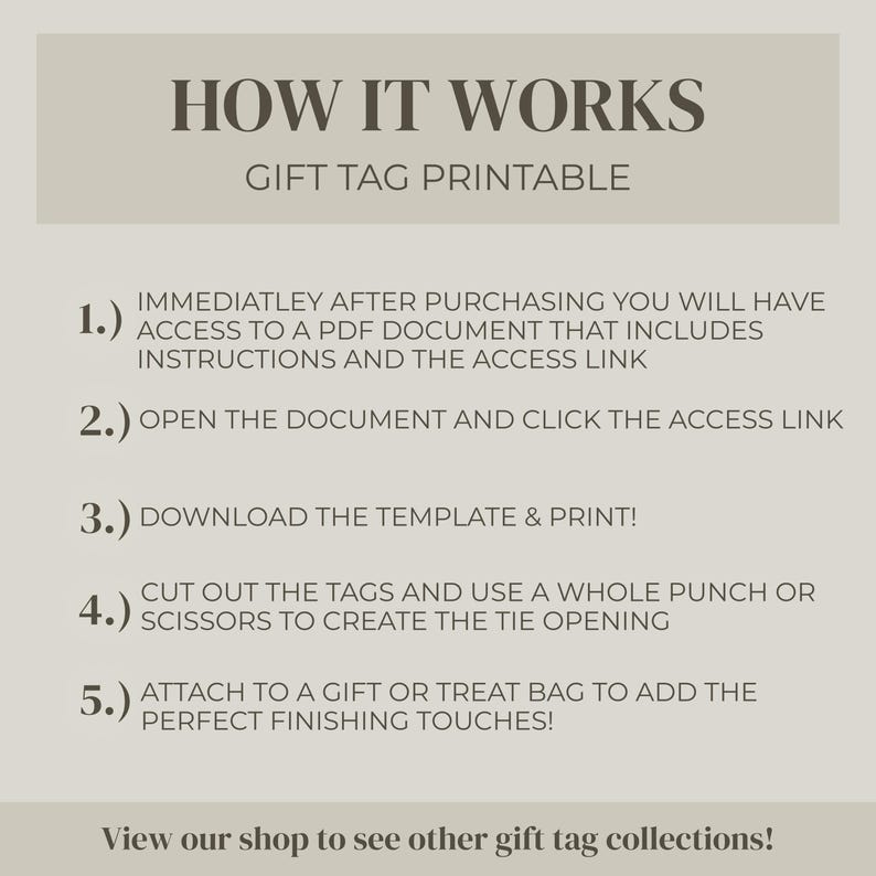 How It Works printable gift tag instruction page explaining the five-step process for downloading, printing, cutting, and attaching printable gift tags to gifts or treat bags. Neutral beige instructional graphic for digital download.