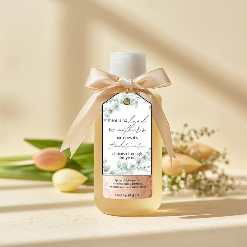 May include: A clear bottle with a white cap and a cream-coloured ribbon tied around the neck. A tag with text and floral accents hangs from the ribbon. The bottle contains a light yellow liquid.