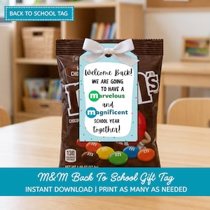 May include: A rectangular light blue gift tag with a white ribbon bow at the top, featuring the text: Welcome Back! WE ARE GOING TO HAVE A marvellous AND magnificent SCHOOL YEAR together! The tag has colourful confetti dots and is attached to a bag.