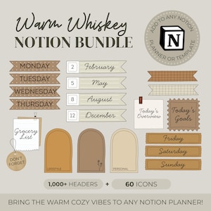 Warm Whiskey Sketchy Notion Bundle| Icons and Headers | Notion Planner & Template Customization | PNG Image Add On | Digital Stickers