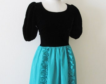 Vestido de fiesta de terciopelo negro y aguamarina / Vestido de cóctel de dama de honor formal hermoso y elegante vintage para mujer talla XS