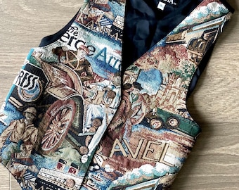 1980’s Novelty Print Vest / Vintage Tapestry Retro Automotive Sleeveless Jacket Womans Vest Size XS