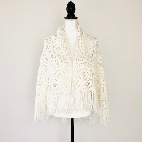 Vintage White Crocheted Shawl Hippie Boho Fringe Sweater Shoulder Wrap