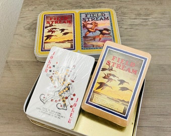 1986 Field and Stream Poker Cards / Vintage Heirloom Metal Tin Deck of Game Cards