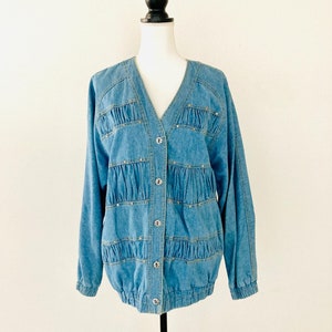 Vintage 1980&#39;s Blue Jean Jacket / Funky Retro Oversize Style Denim Jacket Coat / Womans Size Medium