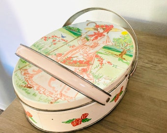 Vintage Farmhouse Metal Lunch Tin / Top Handle Tin Box “Southern Belle” Container