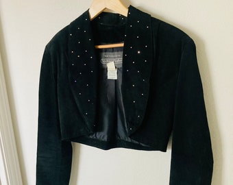 Black Genuine Leather Crop Jacket / Vintage 1980’s Suede Leather Moto Rhinestone Biker Chic Rocker Jacket Womans Size XS "Made in Canada"