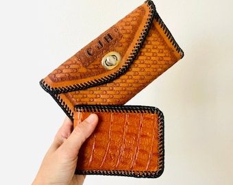 Vintage Brown Leather Wallets / 2pc Set Hand Tooled Leather CJH Initial Purse Handbag Country Western Cowgirl Cowboy Retro