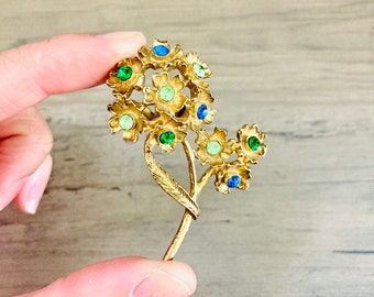 1970’s Golden Brooch Pin / Vintage Blue and Green Rhinestone “Flower Power” Jewelry Brooch