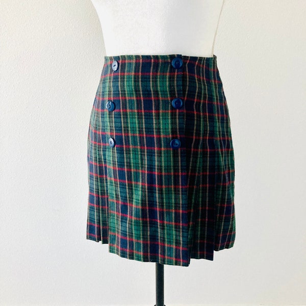 Green Plaid Mini Skirt / Vintage 1990’s Retro Preppy Uniform Style Double Button Wrap Skirt Size XS “Niki-Lee California”