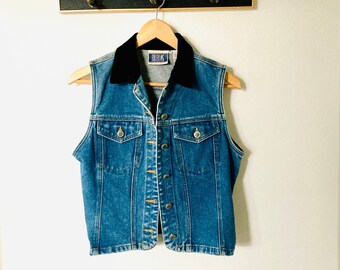 1990’s Blue Jean Jacket Vest / Black Velvet Collar Retro Denim Vest Womans Size XS