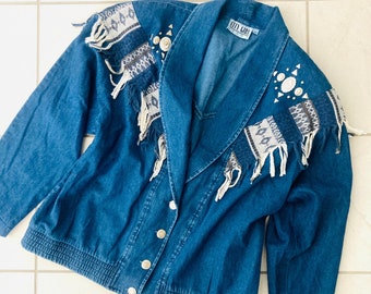 Vintage Blue Jean Cowgirl Jacket / Retro 1980’s Denim Southwestern Fringe Jacket Size Large