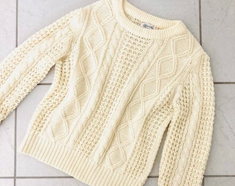 1970’s Acrylic Cable Knit Sweater / Vintage Buttercream Pullover Hippie Winter Sweater Womans Size Medium