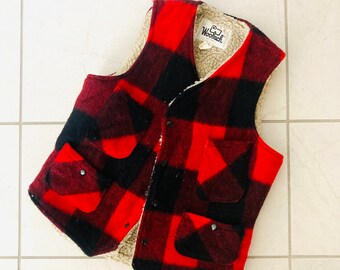 Woolrich Buffalo Plaid Wool Vest / Vintage 1970’s Sherpa Lined Cowgirl Jacket Size Small