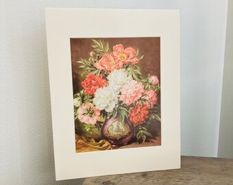 Victory Floral Vase Boutique Matted Art / Vintage Peony Flower Home Decor Wall Hanging “Page of a Book”