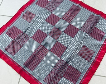 Vintage Square Grey and Red Scarf / 1970’s Retro Mod Geometric Polyester Scarf