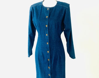 1980’s Hollywood Blvd Jean Dress / Vintage Skin-Tight Retro Front Button Denim Slim Dress Size Small