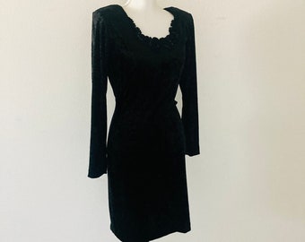 1980’s Black Crushed Velvet Dress / Vintage Gothic Hourglass Fashion Figure Party Dress Size XS "All That Jazz"