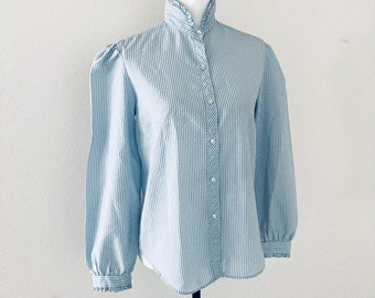 Vintage 1970’s Striped Blouse / Blue and White Lightweight Button High Neck Hippie Shirt Womans Top Size S-M