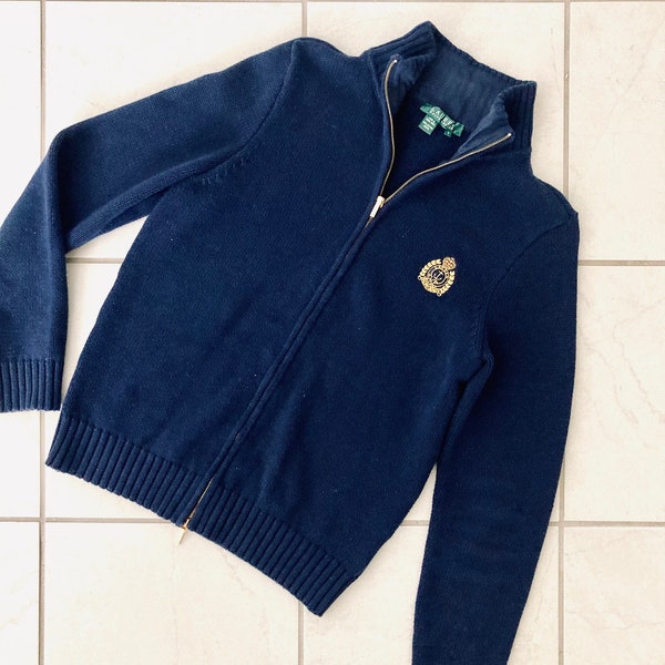 Y2K Ralph Lauren Blue Sweater / RARE Vintage 1990’s-2000’s Polo High Neck Gold Zipper Cardigan