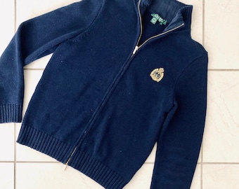 Y2K Ralph Lauren Blue Sweater / RARE Vintage 1990’s-2000’s Polo High Neck Gold Zipper Cardigan