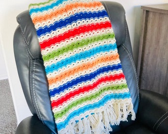 Bohemian Fringe Throw Blanket / Vintage Multi Color Striped Retro Blanket Home Decor Couch Throw