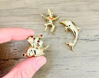 3pc Shiny Golden Pins Brooch Set / Rhinestone Elephant Dancer and Dolphin Retro Jewelry Brooches