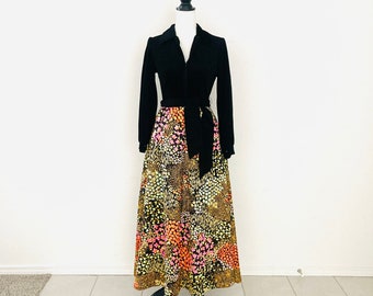 Retro Mod Floral 1960’s Dress / Vintage 60-70s Quilted Skirting Long Maxi Dress Size XS "Fabulous Flower Power" Bohemian Hippie