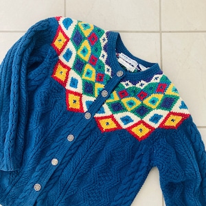 Northern Isles Cotton Sweater / Vintage 1990’s Handmade Fair Isle Winter Blue Cardigan Womans Size Medium