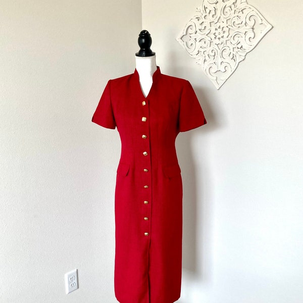 1980’s Red Classic Dress / Vintage Midi Lipstick Red Golden Front Buttons Wiggle Fitted Figure Hourglass Dress Size Medium